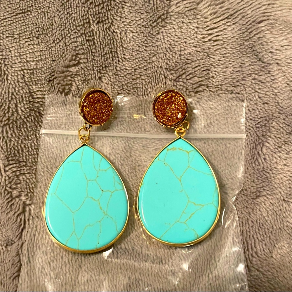 Turquoise dangle earrings with gold drusy stones